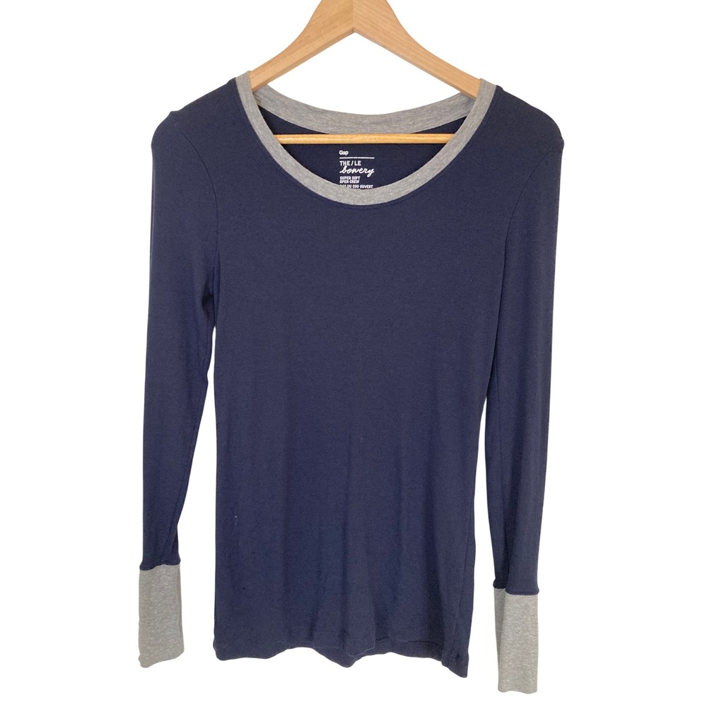 Gap The Bowery Navy Blue Long Sleeve Button Cuff Open Crew Top Size M
